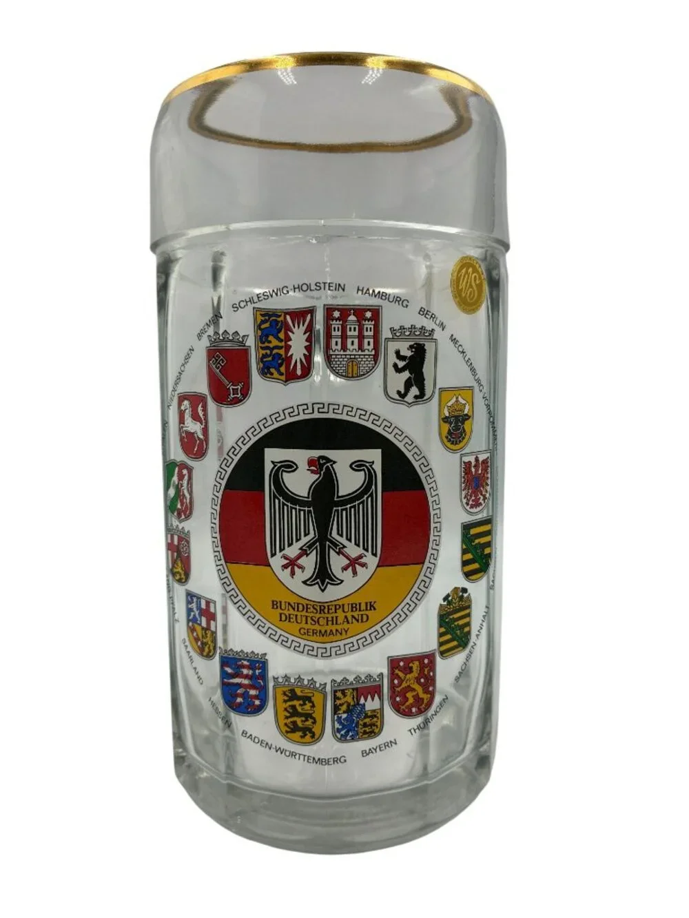 German Bundesrepublik Glass Beer Stein Gold Rim & State Coat Of Arms Motif 0.5L